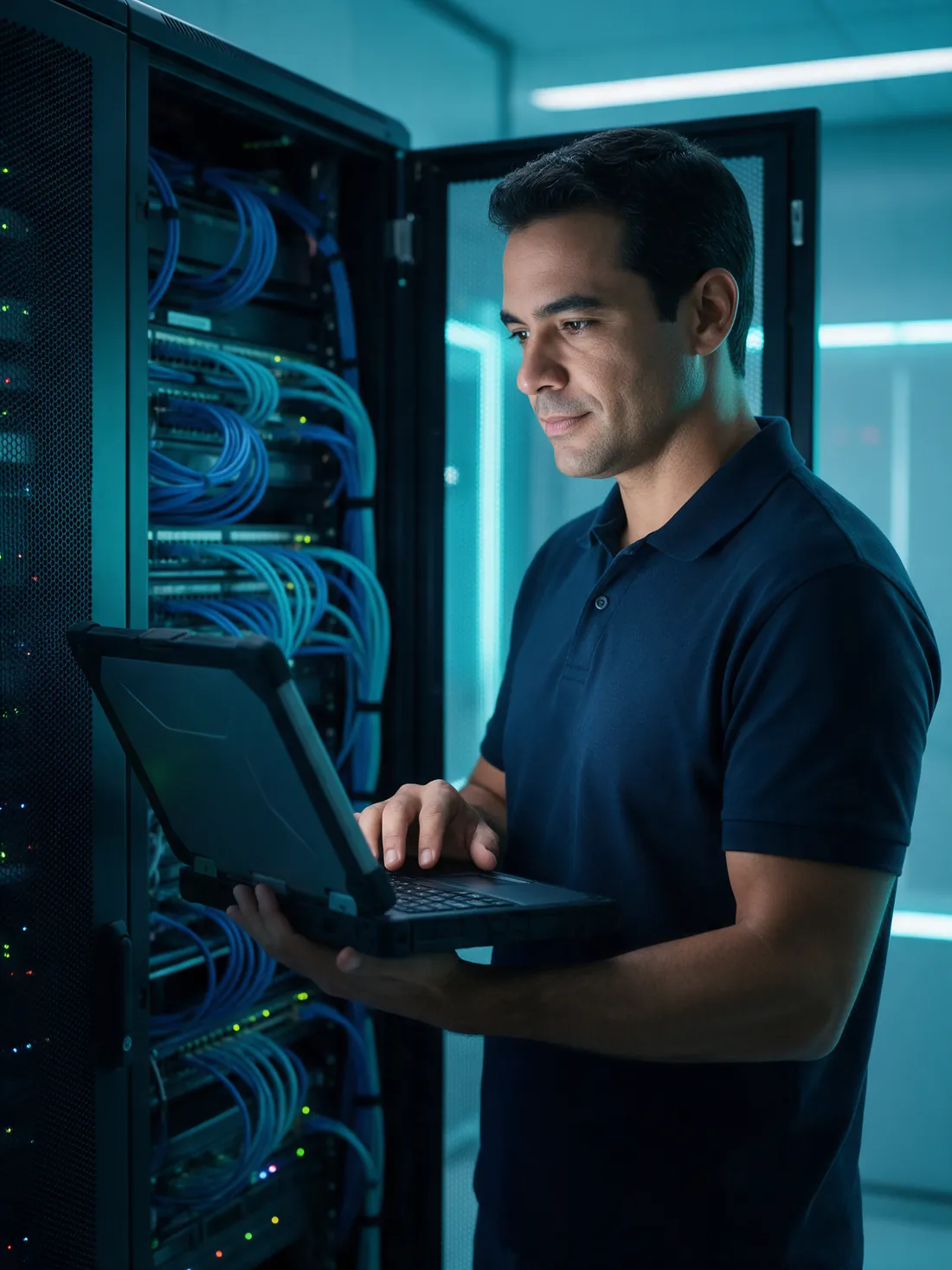 Técnico de TI trabalhando com notebook ao lado de um rack de servidores